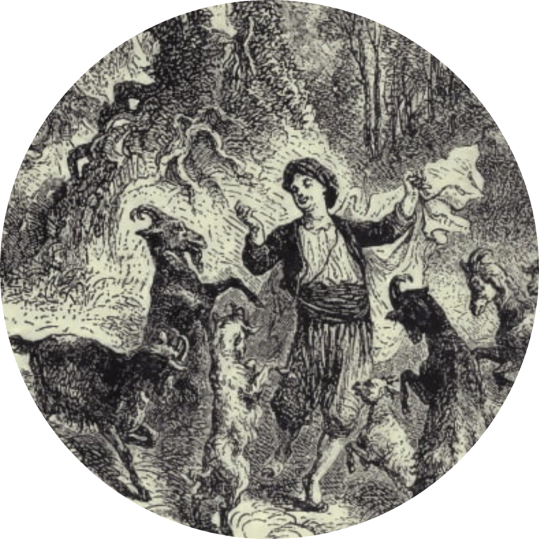 Kaldi y las cabras, grabado antiguo