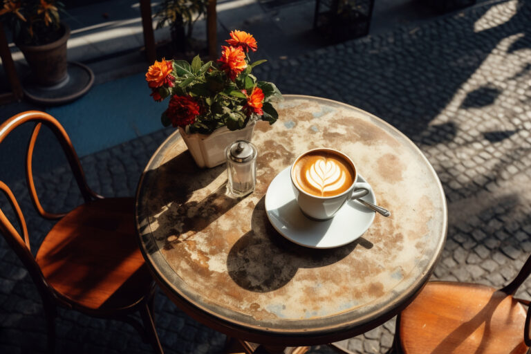 Café con leche sobre una mesa junto a unas flores rojas en la cafetería Oromía
